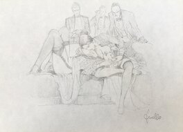 Leone Frollo - Frollo Leone  Pin up Mona Street en Soirée chez L'Ambassadeur , Dessin inédit au Crayon par Le Maître italien de L'Érotisme - Illustration originale