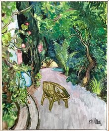 Jijé - Huile sur toile - Le Jardin de Santa Lucia - Œuvre originale