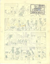 Verso étant un bleu, pour mise en couleur, de la page 47 de l’histoire « Le rayon du mystère » de la série de bande dessinée « Jo, Zette et Jocko » réalisée par Hergé.