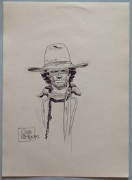 Colin Wilson - Wilson Colin Dédicace fine du Héros Blueberry portrait classe , Bd feuille Année 1985 réalisée dans un Salon BD a Paris - Dédicace