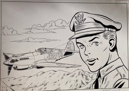 Frédéric Marniquet, illustration originale, Sonny Tuckson, l'ami de Buck Dany, devant un warbird Curtiss P40