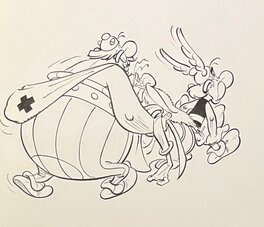 Studios Uderzo - Studios Uderzo, illustration originale,  Asterix & Obelix portant Panoramix - Original Illustration