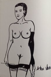 Alex Varenne, illustration originale, une superbe Pin-up sexy et nue, culotte à la main.