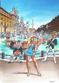 Dany - Olivier et Colombe in Rome, Piazza Navona - Illustration originale