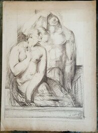 Dessin fusain original Couple Homme Femme nus 1931