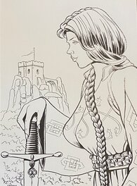 Jean-Christophe Vergne - Jean-Christophe Vergne, illustration originale, Gente Dame à l'épée devant sa tour forte, "Le Coeur de Lion". - Original Illustration