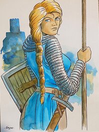 Jean-Christophe Vergne - Jean-Christophe Vergne, illustration originale, Damoiselle en armure devant un château fort, Le Coeur de Lion". - Original Illustration