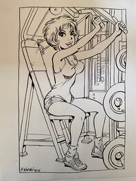 François Walthéry, illustration originale, Natacha en salle de musculation, "Natacha Fitness".