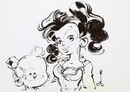 Dan Verlinden - Dan (Verlinden) - Le Petit Spirou, illustration au feutre représentant mademoiselle Chiffre et le Petit Spirou - Illustration originale