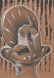 Thib - Pin up sur fauteuil en osier - Original Illustration