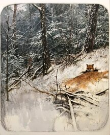Rien Poortvliet - Kalenderplaat -Fox in snowlandscape - Planche originale