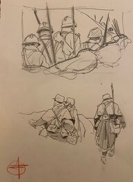 Stéphan Agosto, illustration originale, la monté en premières lignes et recherches d'uniformes, "Traits de Premiières Lignes".