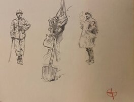 Stéphan Agosto, illustration originale, détails d'uniformes et de matériel dans les tranchées, "Traits de Premières Lignes".