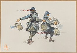 Stéphan Agosto, illustration originale, corvée de soupe fauchée par les tirs ennemis, "Le Der des Ders" France 2.