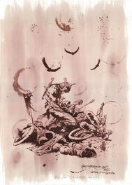 Martin RR, Wine Art - Le champ de bataille (guerrier mort) - Hommage à Frank Frazetta - Signé par Sara Frazetta - Illustration originale