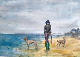 Davide Garota - Lévriers sur la plage - Original Illustration