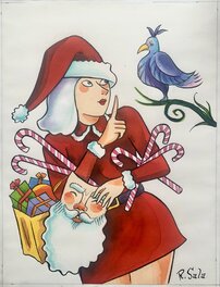 Un masque, une Père Noël et un oiseau bleu pour une carte de voeux par Richard Sala