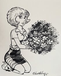 François Walthéry, illustration originale, Natacha au bouquet de fleurs.