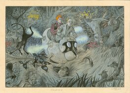 Fabrice Lebeault - Spirou et fantasio volant dans la forêt - Illustration originale