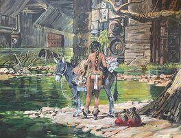 Michel Faure - Michel Faure, illustration originale, huile sur toile, Samsara, Jeune Femme et son âne. - Original Illustration