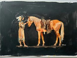 Michel Faure - L'INDIENNE ET SON AMI LE CHEVAL  couleur directe - Illustration originale