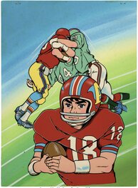 Cellulo promotionnel panoramique original de football Americain, fond gouaché original correspondant (Toei Animation, 1975)