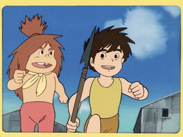 Future Boy Conan Gimsy et Conan, cellulo et fond de production originaux et Official Nippon Envelope (Nippon Animation, 1978)