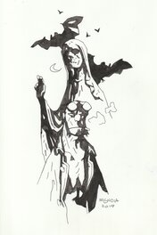 Mike Mignola - Hellboy with statue and bats - Illustration originale