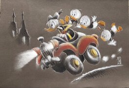 Paolo Mottura - Donald duck in car with Huey, Dewy and Louie - Illustration originale