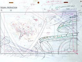 Astro, le petit robot, fond original gouaché trois couches et layout original correspondant (Tezuka Productions en 2003)
