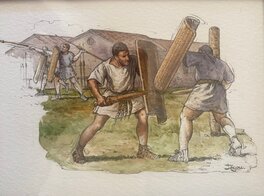 Christian Jegou, illustration originale en couleurs directes, légionnaires romains-entrainement.
