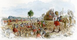 Christian Jegou, illustration originale en couleurs directes, "Romains-Construction de Remparts, terrassement pour un camp".