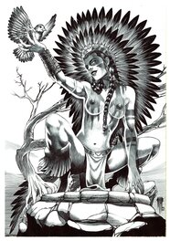 Philippe Bringel - L'indienne et l'oiseau - Illustration originale