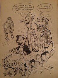 René Pellos - Les Pieds Nickelés contre le prix de l'essence et la vignette - Original Illustration