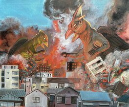 Kazuichi Hanawa - Sans titre - illustration représentant deux Gappas détruisant une ville - Illustration originale