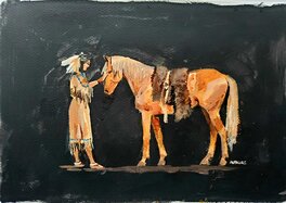 Michel Faure - L'INDIENNE ET SON AMI LE CHEVAL  couleur directe - Original Illustration