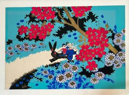 Atelier ROBERT PICHON (XXème) La cariole et les fleurs.  Gouache sur papier.