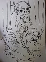 François Walthéry - Natacha à genou - Illustration originale