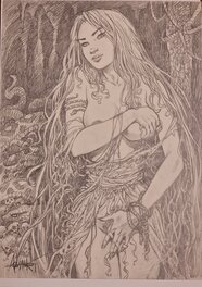 Mohamed Aouamri - Figure féminine dans la forêt - Illustration originale