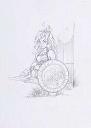 Crisse, illustration originale, Portrait en pied de Atalante pour la statuette BFB-BDDirect.