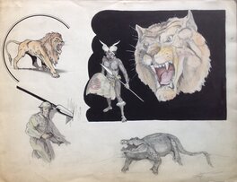 Guy Mouminoux - Guy Mouminoux 3 Planche Lion Guerrier Soldat Crocodile, signé ,Atelier Chott Planche Originale Encre Chine petit format Année 50 - Original Illustration