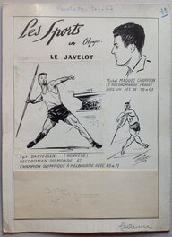 G Perrier - Perrier G. Rubrique Les SPORTS Le Javelot + Texte écrit de Chott Pierre Mouchot, de L'Atelier Chott paru dans RANCHO 29 en 1957 - Original Illustration