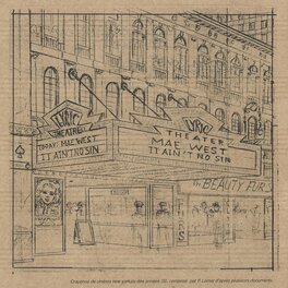 Pierre Lamar, qui était chargé des décors, a fait ce premier croquis d’un cinéma new-yorkais. Pierre Lamar, qui était chargé des décors, a fait ce premier croquis d’un cinéma new-yorkais.