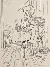 François Walthéry - François Walthéry, illustration originale, Natacha au guéridon. - Illustration originale