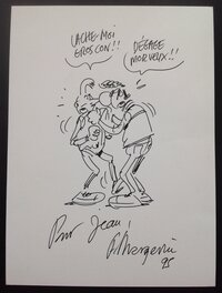 Frank Margerin - Frank Margerin Lucien et Manu La Baston , Dessin Dédicace des 2 héros sur Feuille de 1995 avec les 2 Héros en pied - Sketch