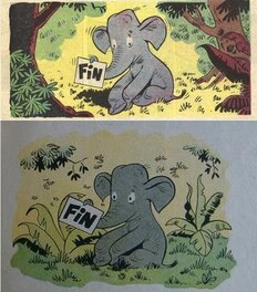 Détail des deux versions. En haut celle du journal Spirou. En bas, celle de l'album. Détail des deux versions. En haut celle du journal Spirou. En bas, celle de l'album.