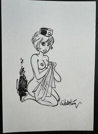 François Walthéry - Dessin NATACHA HOTESSE ASSISE - Original Illustration