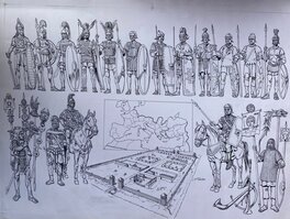 Fred & Liliane Funcken - Fred & Liliane Funcken, double planche originale, "Le Costume et les Armes des Soldats de tous les Temps", l'Armée Romaine. - Planche originale