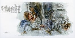 Christian Jégou - Christian Jégou, double planche originale, "Le Crieur des Rues", "Un Château entre Guerre et Paix". - Planche originale