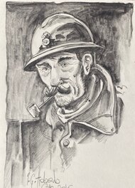 Iñaki Holgado - Holgado, illustration originale, Poilu de la Première Guerre Mondiale tirant sur sa bouffarde . - Illustration originale